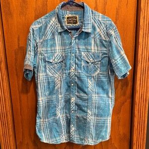 BKE Washed Blue Plaid Short-Sleeve Button-Down Shirt